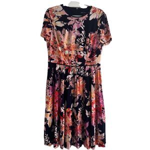 Maggy London Women's Vibrant Floral Knit Pleated Dress Navy Blue 12 knee length